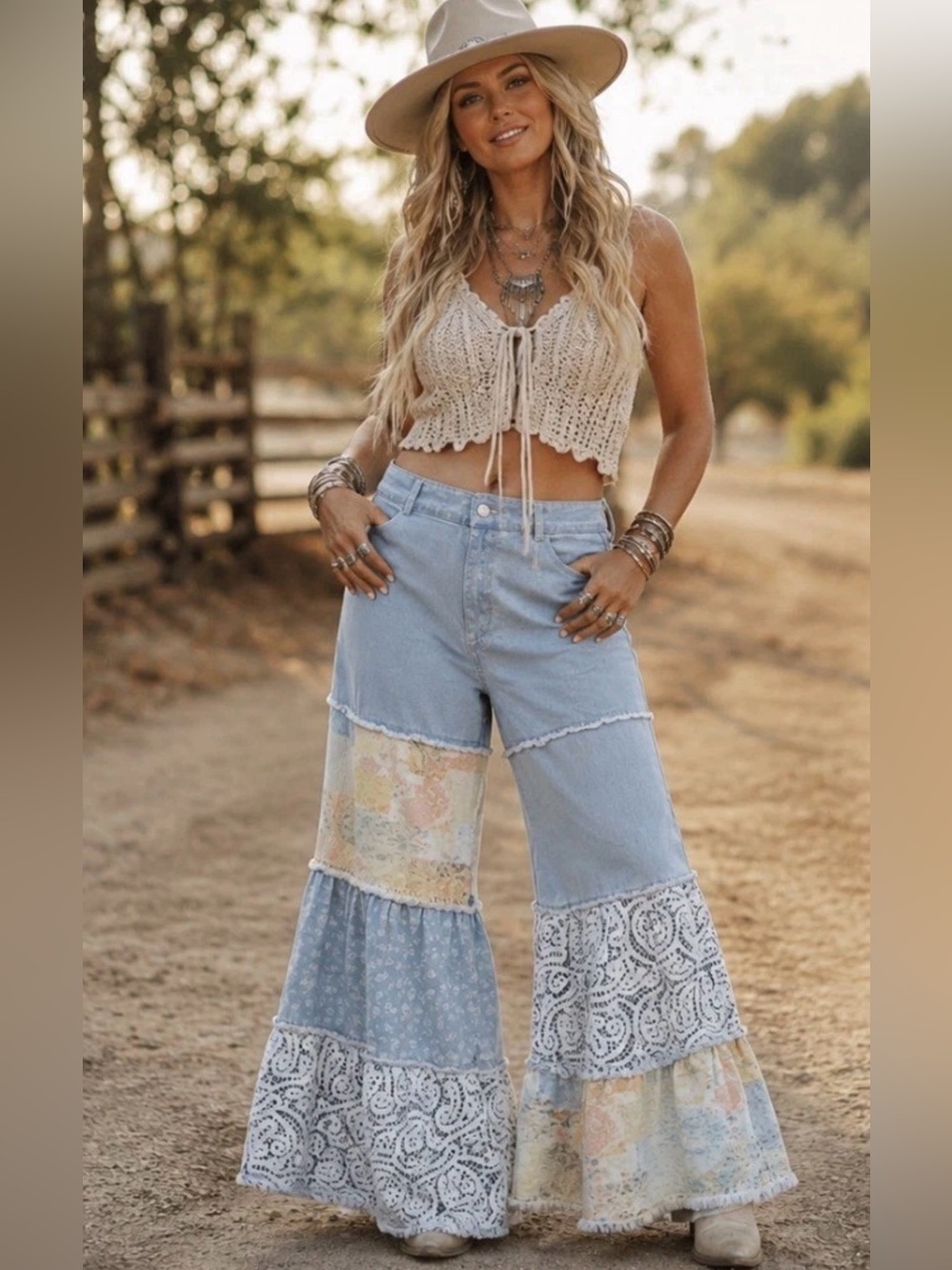 H030 DAVI & DANI L XL w18-20 Light Blue Patchwork Wide-Leg Jeans Pants